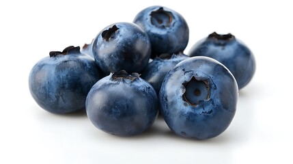 Plump blueberries clustered together on a pristine white background.