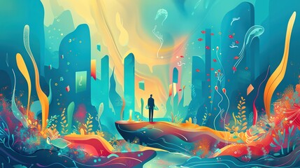An illustration of a man standing on a rock in the middle of a colorful ocean - obrazy, fototapety, plakaty