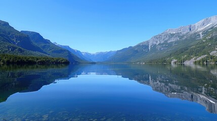A tranquil lake reflecting a clear blue sky, surrounded by majestic mountains.