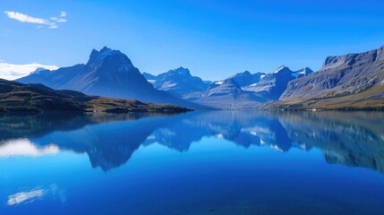 A tranquil lake reflecting a clear blue sky, surrounded by majestic mountains. - Powered by Adobe
