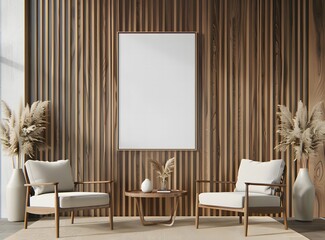 Wooden wall with vertical paneling and white frame mockup