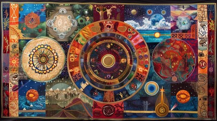 A textile art tapestry weaving together cultural symbols from around the world in a harmonious design.