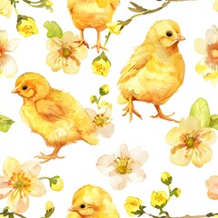 yellow easter chick seamless pattern, cute baby chicks, white background