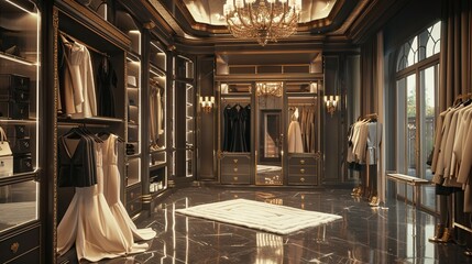 This is the interior of a large and luxurious clothing store. There are several mannequins dressed in evening gowns, and the walls are lined with racks of clothing. The floor is made of marble, and th