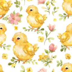 yellow easter chick seamless pattern, cute baby chicks, white background