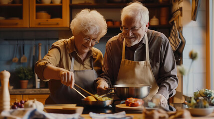 An elderly couple is preparing a meal together in their kitchen, sharing recipes and using various tableware, kitchen utensils, and ingredients to create a delicious dish for a special event