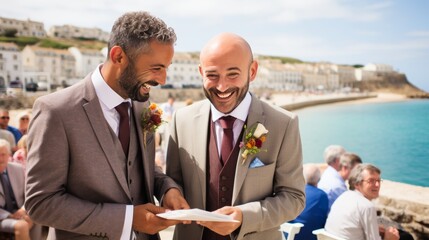Stylish same sex couple exchanging vows under ocean side floral arch in lgbtq wedding celebration