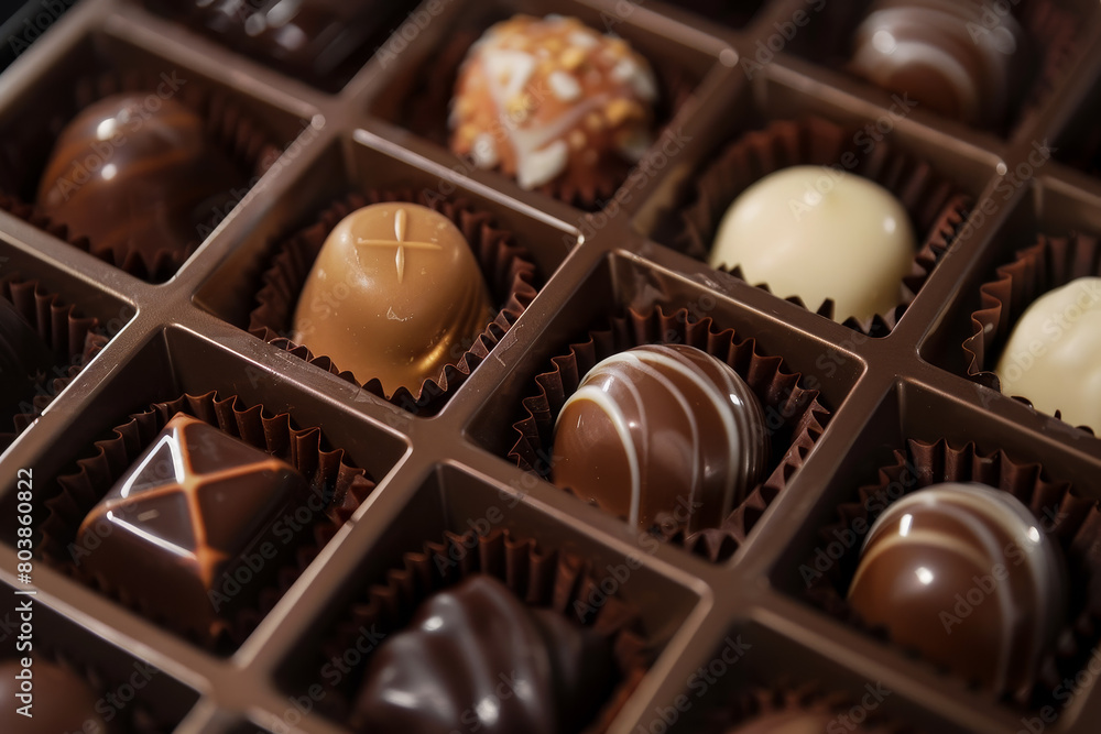 Poster a box of assorted chocolates with different flavors and colors