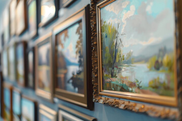 A wall of framed paintings with one of them titled "The Great Outdoors"
