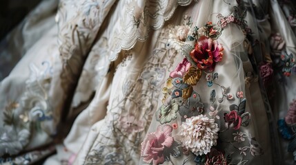 Intricate details and rich textures of vintage fabrics, such as embroidery, highlighting their timeless elegance