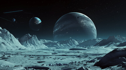 Illustrate a scene depicting humans colonizing the icy moons of gas giants