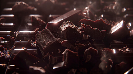 A detailed closeup shot of a single piece of delicious chocolate resting on a mound of assorted chocolates. The rich texture and deep color make for a mouthwatering image - Powered by Adobe