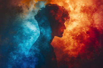Silhouette profile enshrouded in swirling blue and fiery red smoke, symbolizing bipolar disorder. 