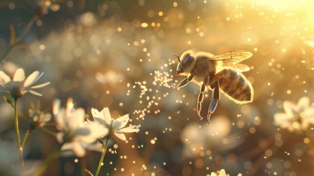 A bee laden with pollen examines the delicate petals of a white flower. that mesmerizes with the beauty and vitality of nature