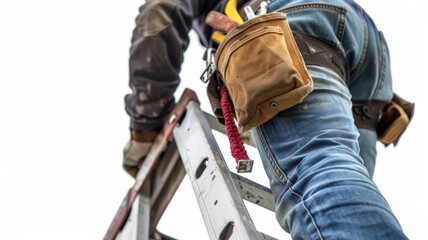 Closeup of a fully equipped tool belt as a builder climbs a ladder, essential gear in focus against white