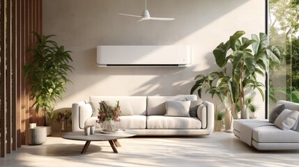 Modern living room featuring energy efficient air conditioning system and natural light