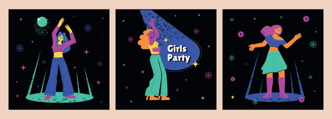 A collection of vivid illustrations of girls dancing at a disco.