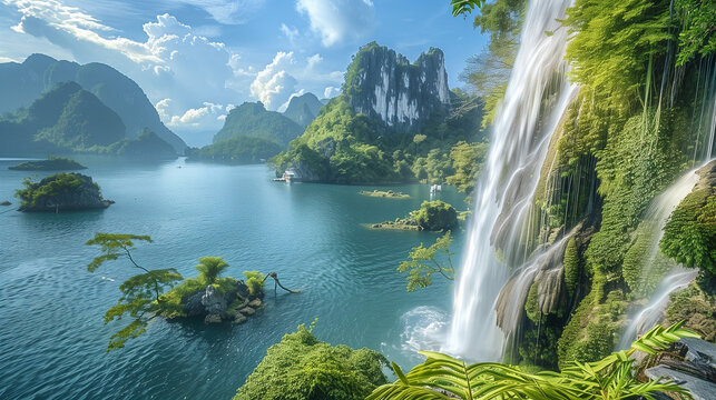 A magnificent waterfall cascades down into a vast tropical lake under the brilliant rays of the sun.