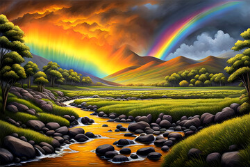 beautiful dramatic fantasy landscape painting - rugged stony creek flowing through a meadow, hills and forests in the background, rainbows in a cloudy, stormy, overcast sky