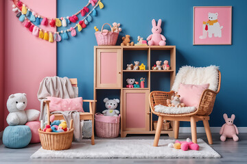 Warm composition of kid room interior with blue wall, kitchen for kids, stylish armchair, colorful garland, plush toys, wooden block toys, pink basket and personal accessories. Home decor. Template.