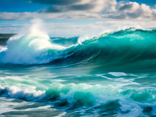 Blue sea waves crashing on a stormy day