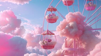 A surreal Easter ferris wheel, where candy-coated gondolas spin amidst a backdrop of cotton candy clouds and pastel skies.