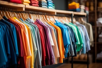 Fototapeta premium hangers in the clothing store, colored T-shirts and casual clothes. selective focus.