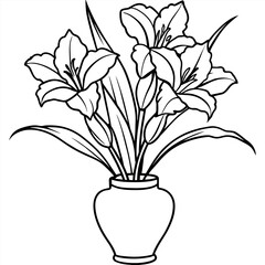 Gladiolus flower on the vase outline illustration coloring book page design, Gladiolus flower on the vase black and white line art drawing coloring book pages for children and adults