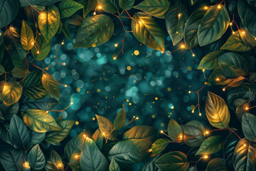 Beautiful fairy lights pattern with leaves for background 