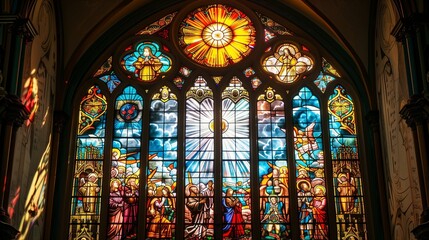 A stained glass window in a historic church depicting a mesmerizing celestial scene.