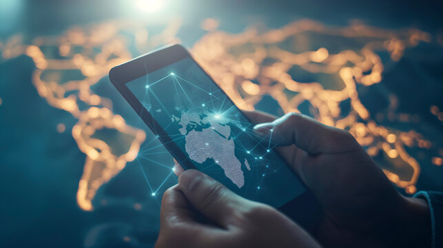 The person is holding a cell phone in front of a map of the world, with an electric blue sky and fluffy clouds in the atmosphere, making a gesture with their wrist in the dark landscape