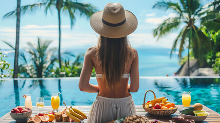 Woman with hat enjoying luxury vacation at tropical resort hotel poolside, standing near table full...