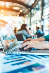 Business Professional Analyzing Financial Charts on Laptop at Sunset in Office Environment