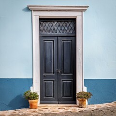 Fototapeta na wymiar blue door in a village,powerful presence of a black door contrasted against a stark blue wall,