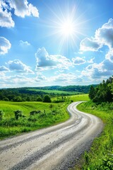 Sunny Day Over a Curved Country Road in a Lush Green Landscape