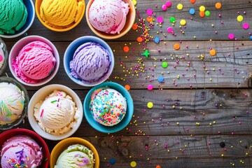 Assorted Colorful Ice Cream Scoops in Wooden Bowls With Sprinkles and Spoons