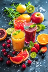 Assorted Fresh Fruit Juices Served With Citrus Slices and Berries on a Dark Surface