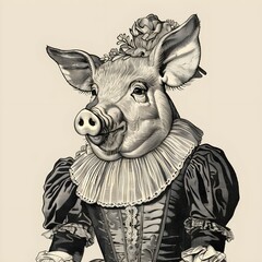 Coloring book a pig walking on black background Generative Ai