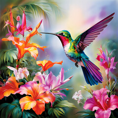 hummingbird and flowers