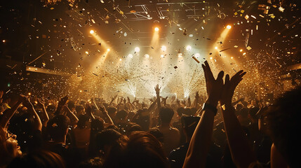 he crowd is cheering in the club at night, with golden confetti falling from above. The stage lights create an atmosphere of excitement and energy as people dance to their favorite music