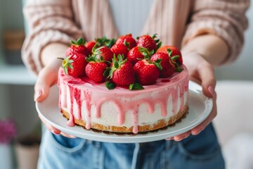 Woman Presenting a Fresh Strawberry Cheesecake With Pink Topping Indoors