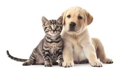 Obraz premium An adorable Labrador puppy and a playful Scottish Straight kitten sit together, isolated against a white background ,
