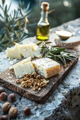 Artisan Cheese Selection With Nuts and Olive Oil on a Rustic Wooden Board