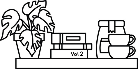 a vector of books, coffee, and plant in black and white colouring