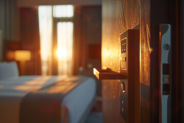 close up hotel room door with digital keycard lock, blurred background of modern bedroom interior,...