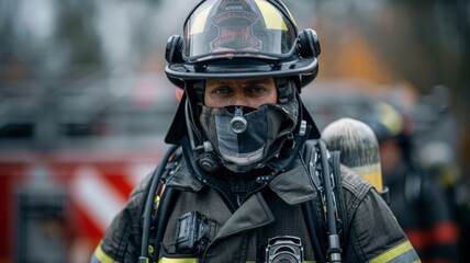 Firefighter in protective gear and breathing mask at a fire