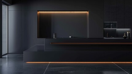 A sleek, black podium, with a modern design, set against a backdrop of a minimalist, black kitchen.