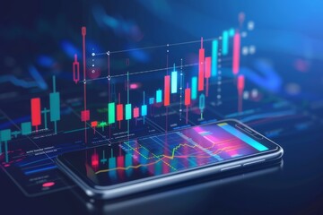 Futuristic Smartphone Interface Displaying Colorful Stock Market Charts and Financial Data - obrazy, fototapety, plakaty