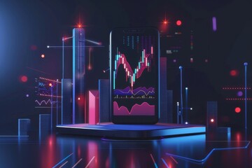 Neon 3D Visualization of Smartphone with Stock Market Charts in a Futuristic City Environment - obrazy, fototapety, plakaty