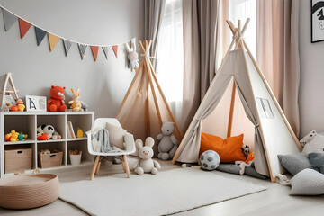 Cozy kids room interior with play tent and toys